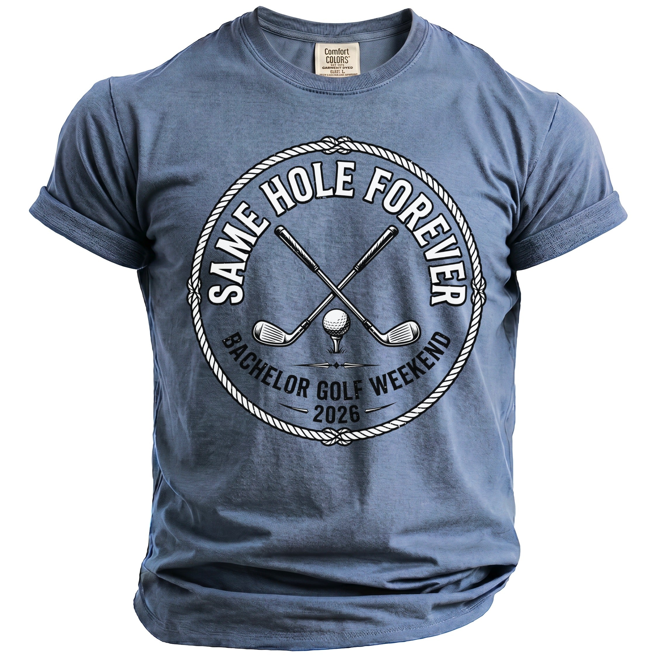 Blue t-shirt with "Same Hole Forever" and "Bachelor Golf Weekend 2026" text.