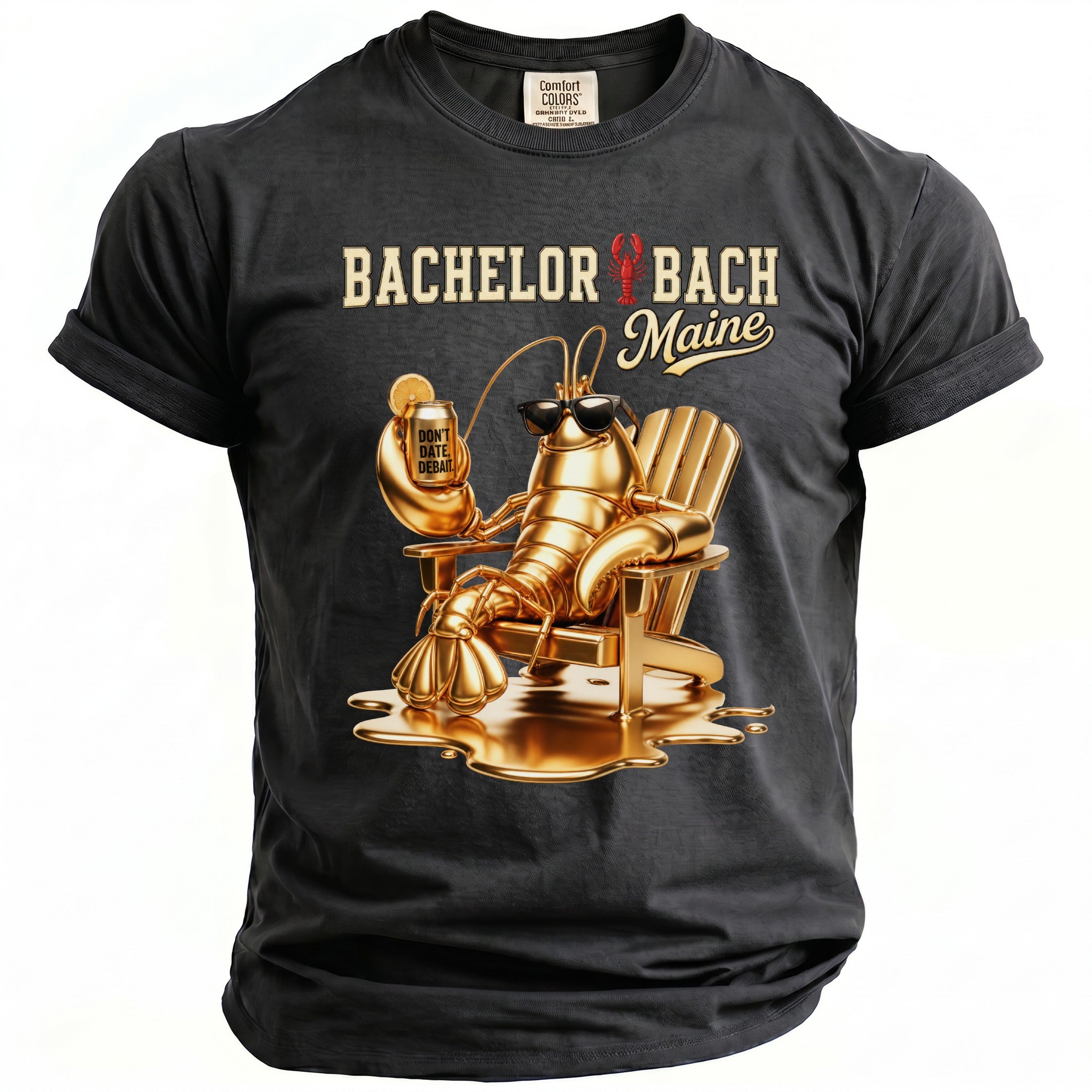 T-shirt graphic: golden lobster in Adirondack chair, text "BACHELOR BACH Maine".