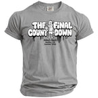 Gray Comfort Colors t-shirt with "The Final Countdown" graphic and event details.