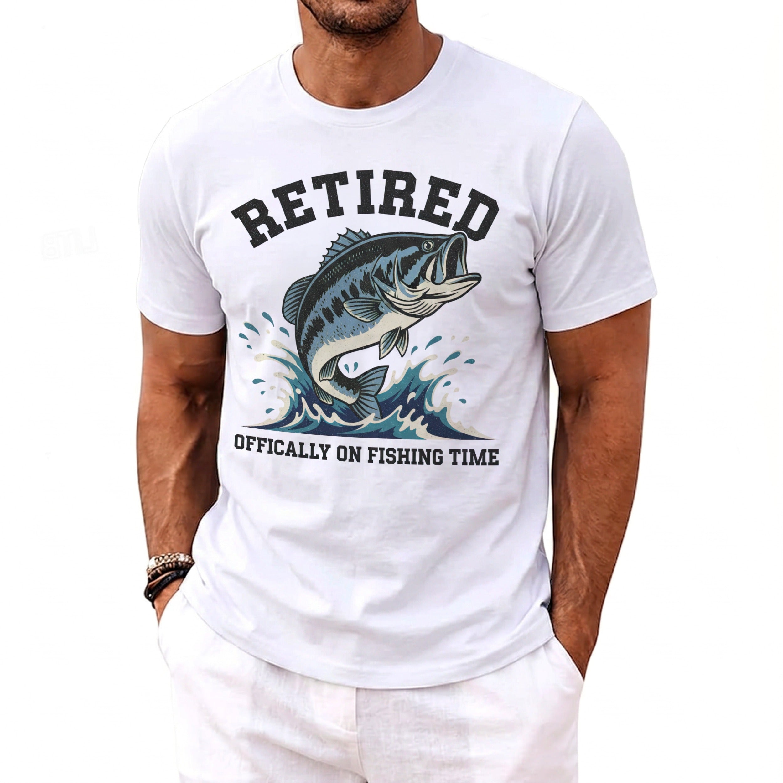 White t-shirt with "Retired" and a jumping bass fish graphic.