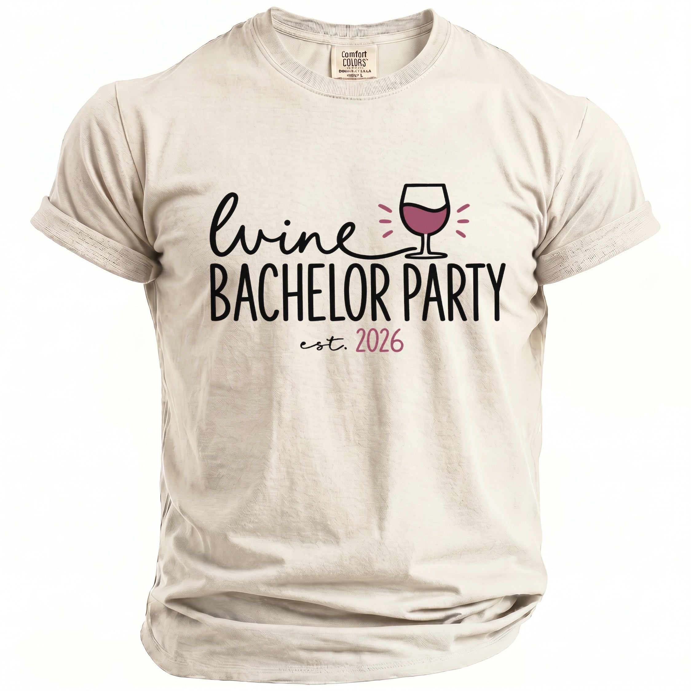 Light tan t-shirt with "Wine Bachelor Party est. 2026" and wine glass graphic.