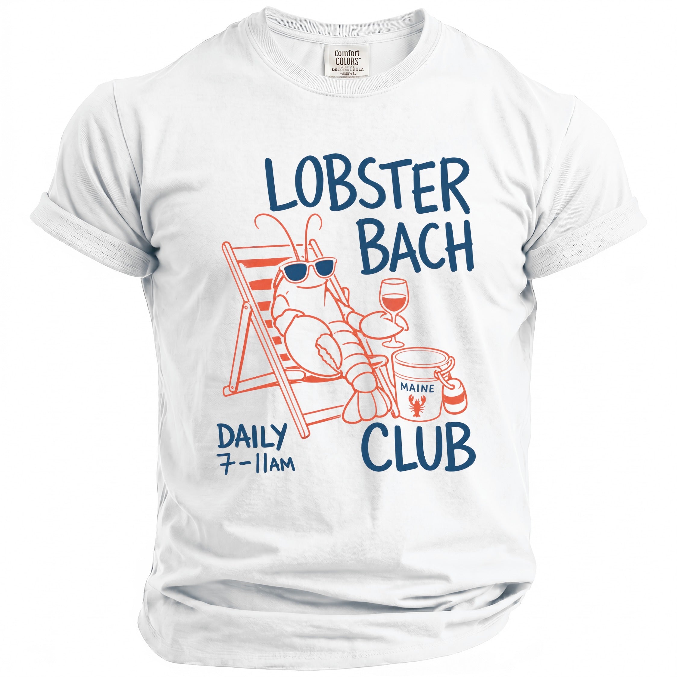 White t-shirt with cartoon lobster in a beach chair, text reads "LOBSTER BACH CLUB DAILY 7-11AM".