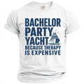 White t-shirt with dark blue text and yacht graphic: "Bachelor Party Yacht Because Therapy Is Expensive."