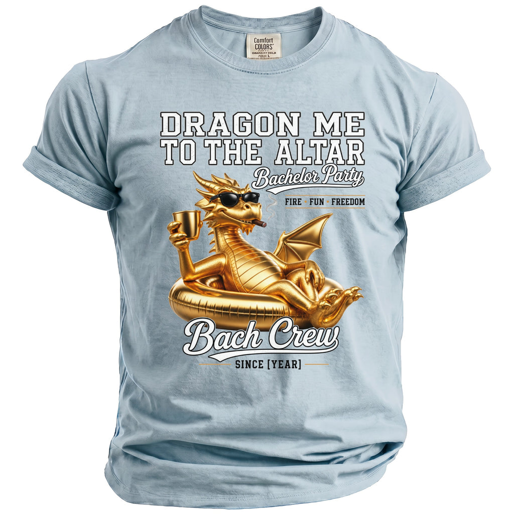 Light blue t-shirt with golden dragon graphic and "Dragon Me to the Altar" text.