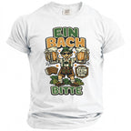 White t-shirt with cartoon man holding beer mugs and text EIN BACH BITTE.