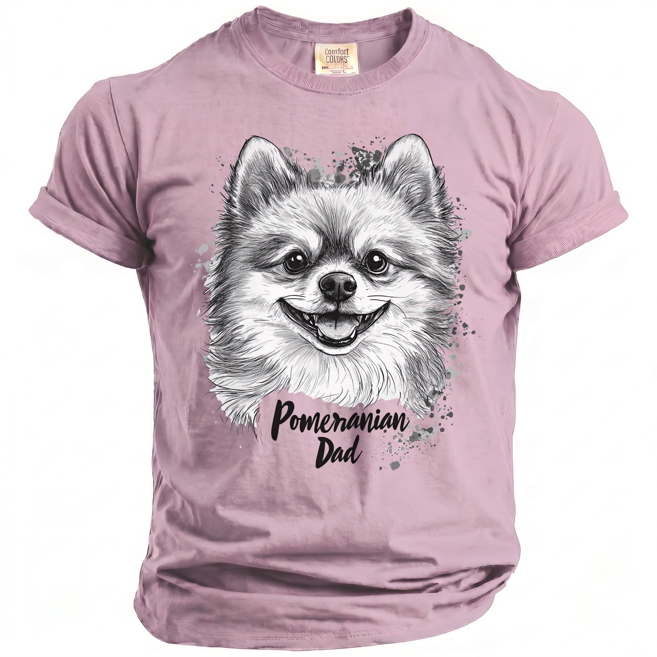 Pink t-shirt with a sketched Pomeranian and text "Pomeranian Dad".
