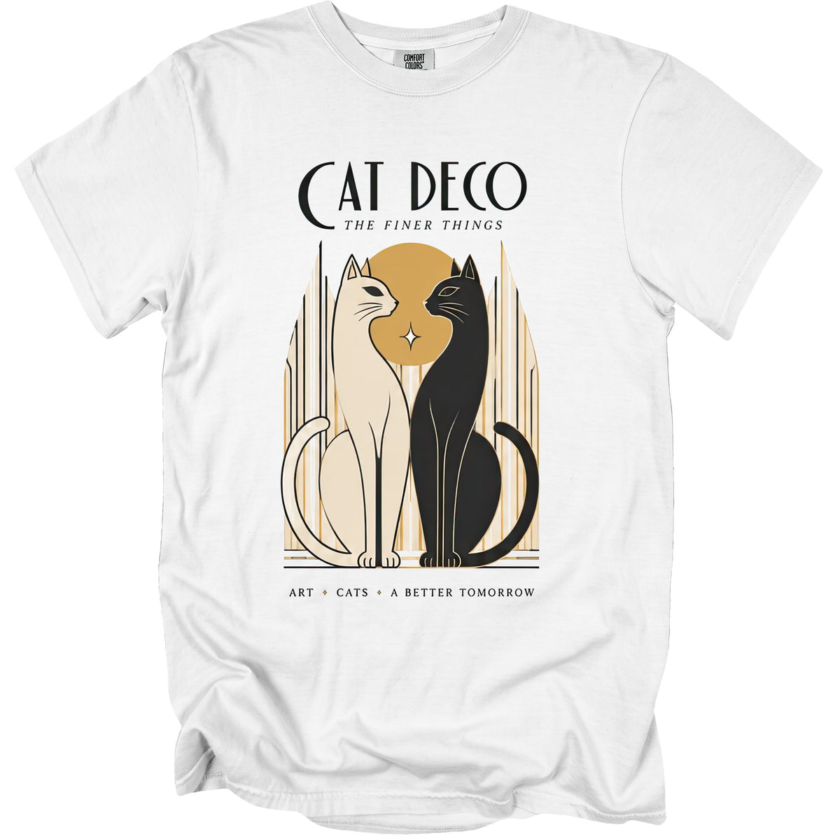 White t-shirt with "CAT DECO THE FINER THINGS" and two cats.