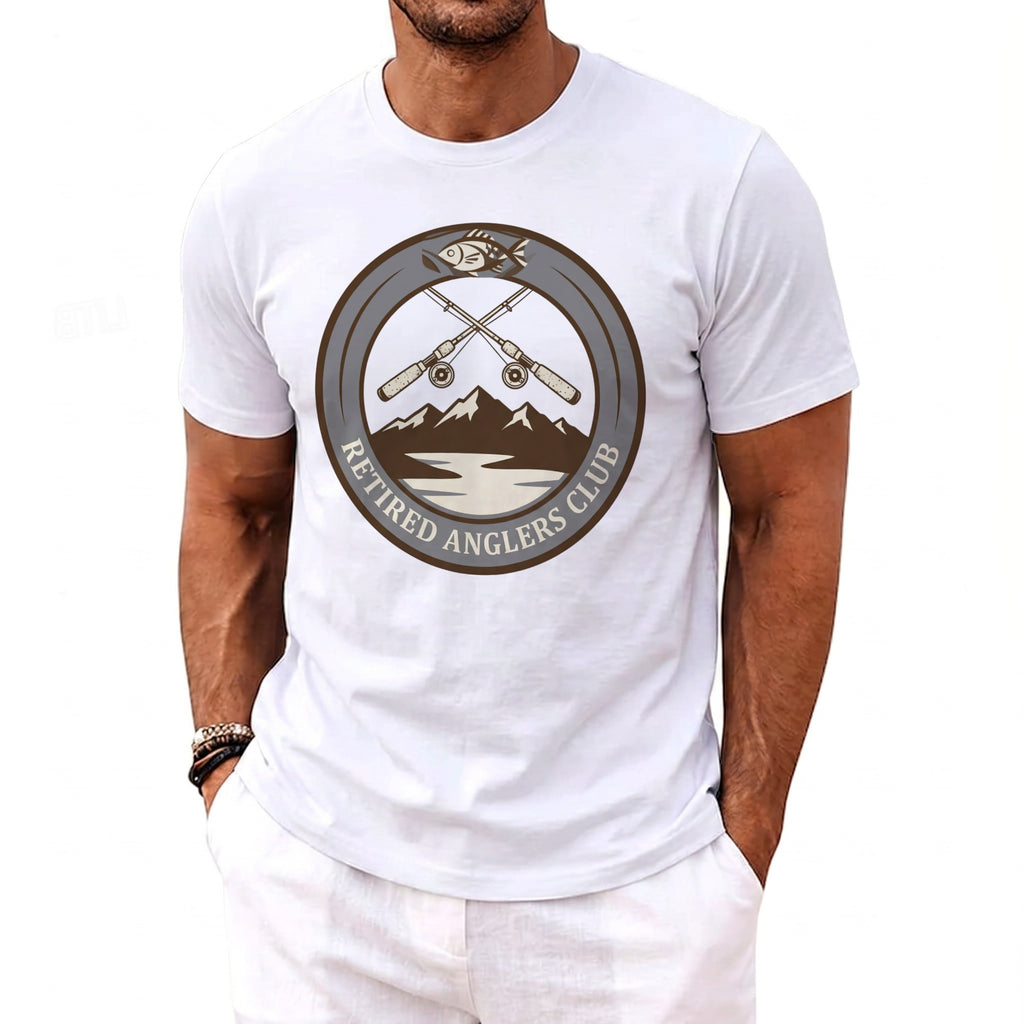 White t-shirt with circular logo depicting crossed fishing rods, mountains, and text "Retired Anglers Club."