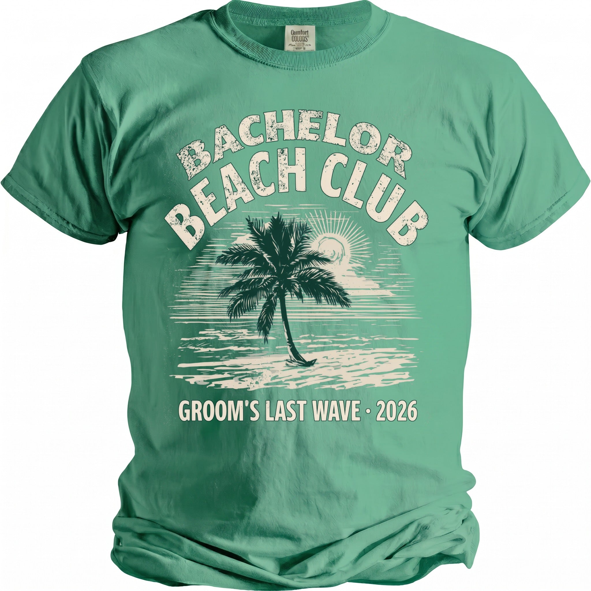 Green t-shirt with "Bachelor Beach Club" and "Groom's Last Wave 2026" text.