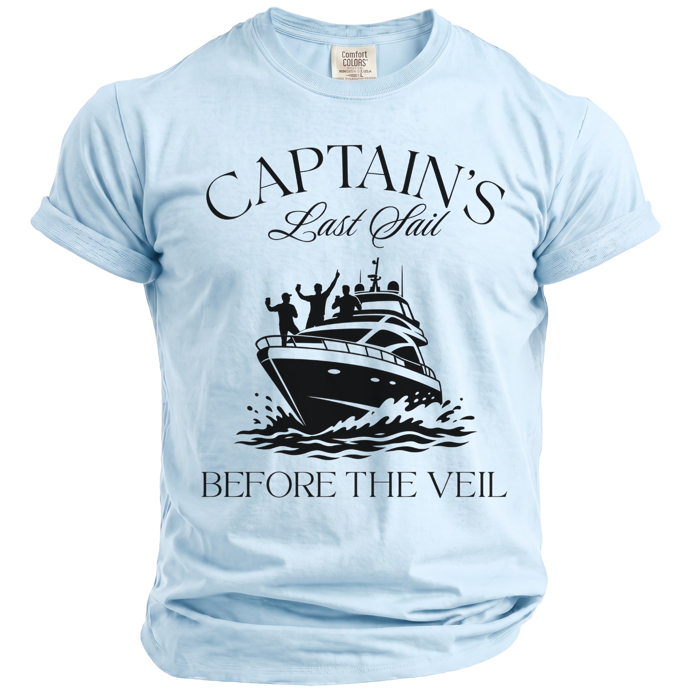 Light blue t-shirt with "Captain's Last Sail Before The Veil" text and yacht graphic.