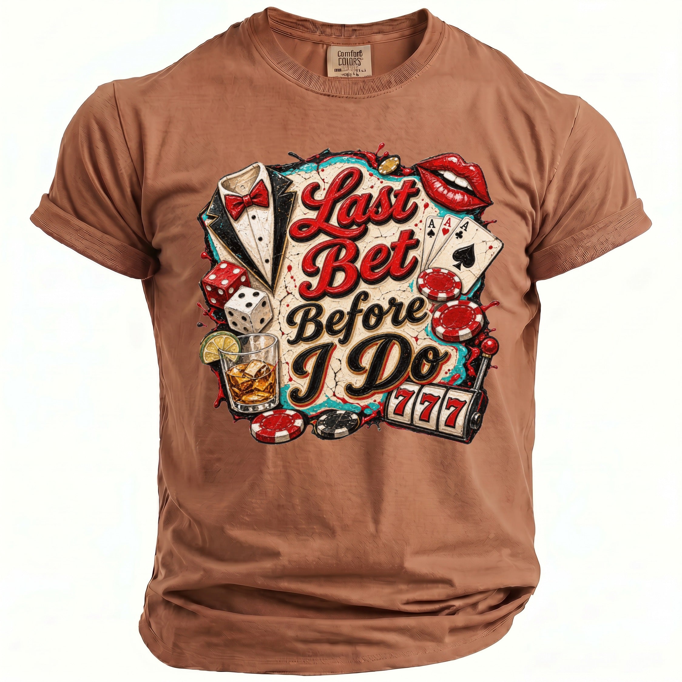 Brown t-shirt with "Last Bet Before I Do" graphic featuring casino elements.