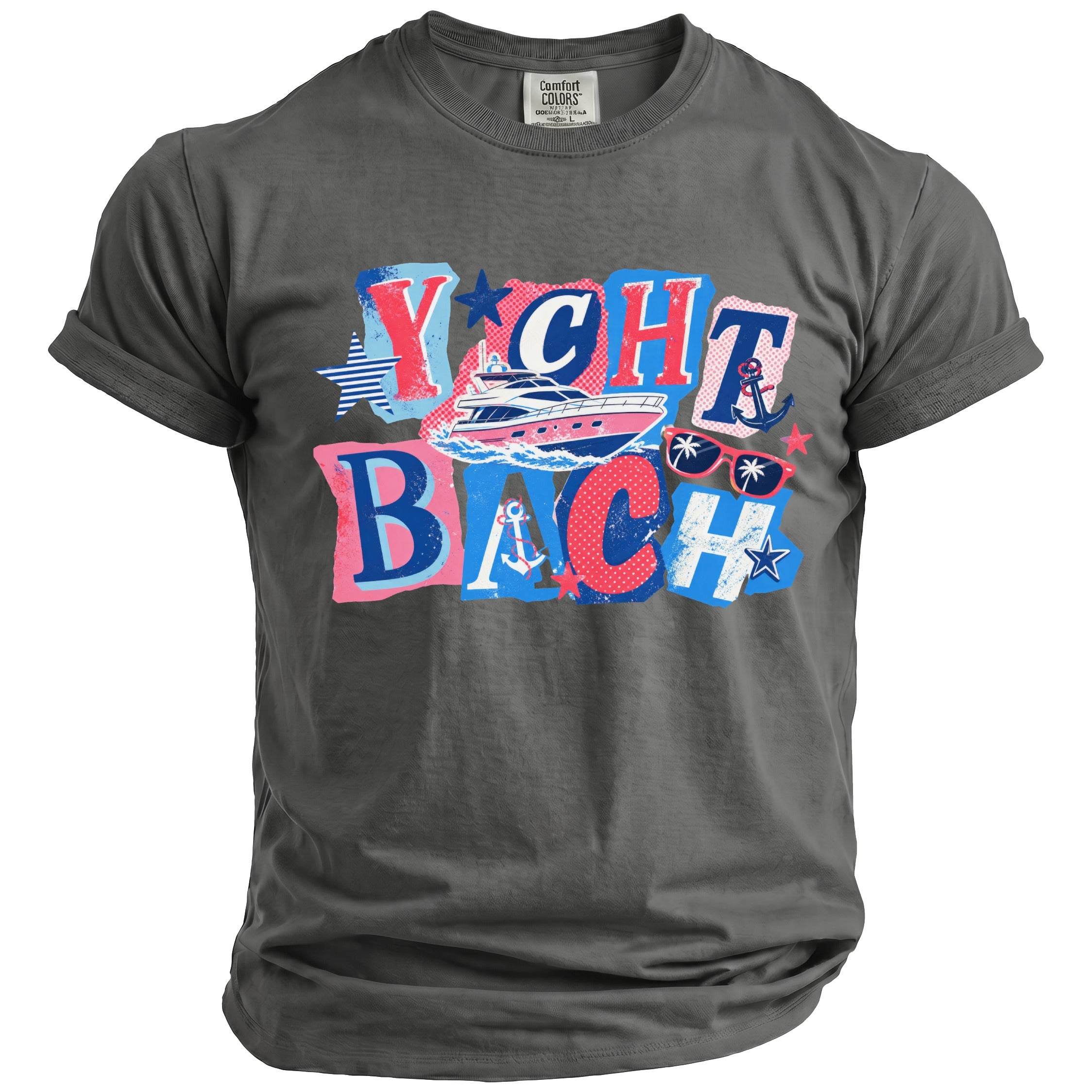 Charcoal gray short-sleeve crewneck t-shirt featuring a colorful graphic with the text Yacht Bach, a yacht, anchors, and sunglasses.