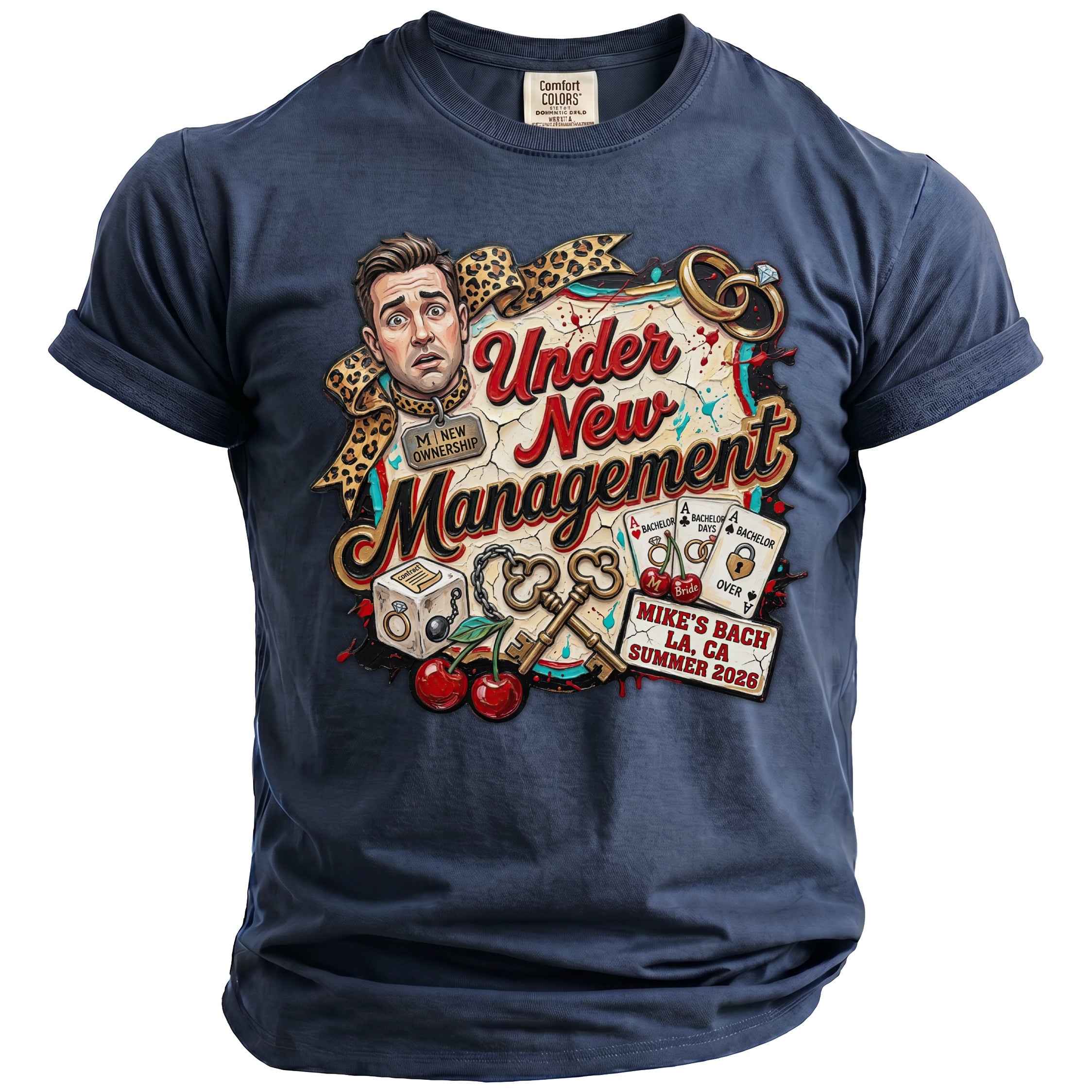 T-shirt with graphic "Under New Management" and bachelor party details.