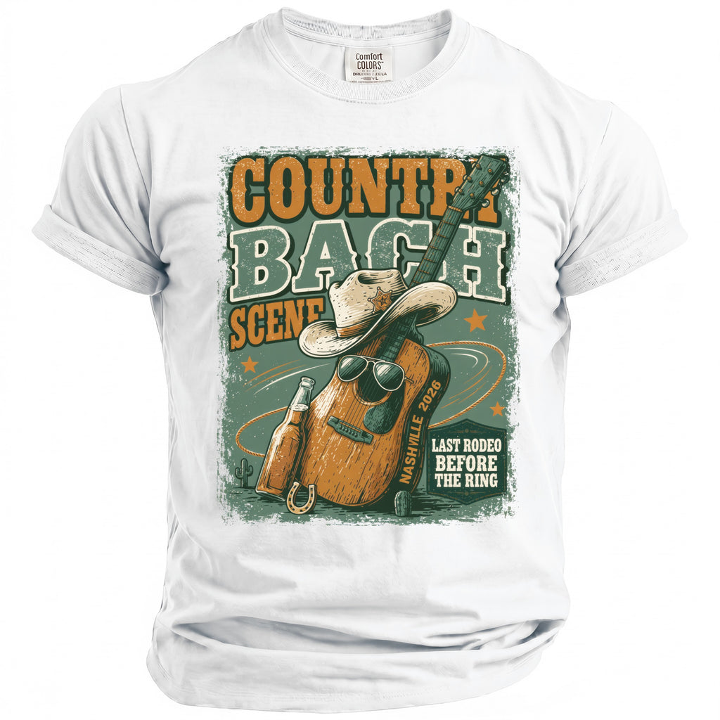Graphic t-shirt featuring guitar, cowboy hat, sunglasses, beer, and text.