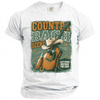 Graphic t-shirt featuring guitar, cowboy hat, sunglasses, beer, and text.