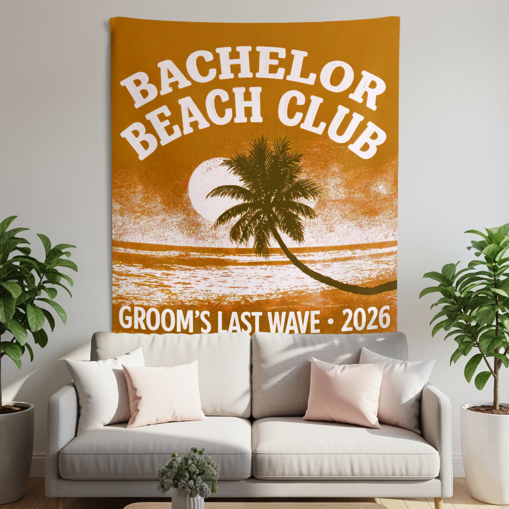 Tapestry with text "BACHELOR BEACH CLUB GROOM'S LAST WAVE 2026" over a sunset beach scene.