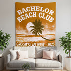 Tapestry with text "BACHELOR BEACH CLUB GROOM'S LAST WAVE 2026" over a sunset beach scene.