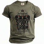 Olive t-shirt with three skulls wearing crowns and bow ties, "Spooky Groom" text.