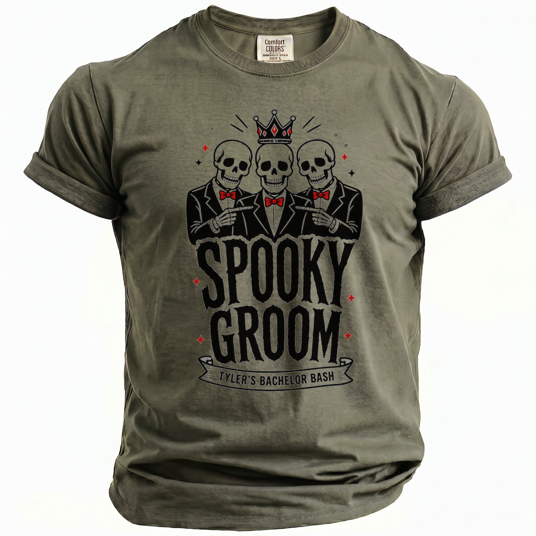 Olive t-shirt with three skulls wearing crowns and bow ties, "Spooky Groom" text.