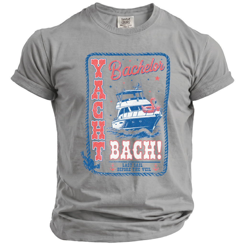 Grey crewneck t-shirt with a vintage-style nautical graphic featuring a yacht and text reading Yacht Bach.