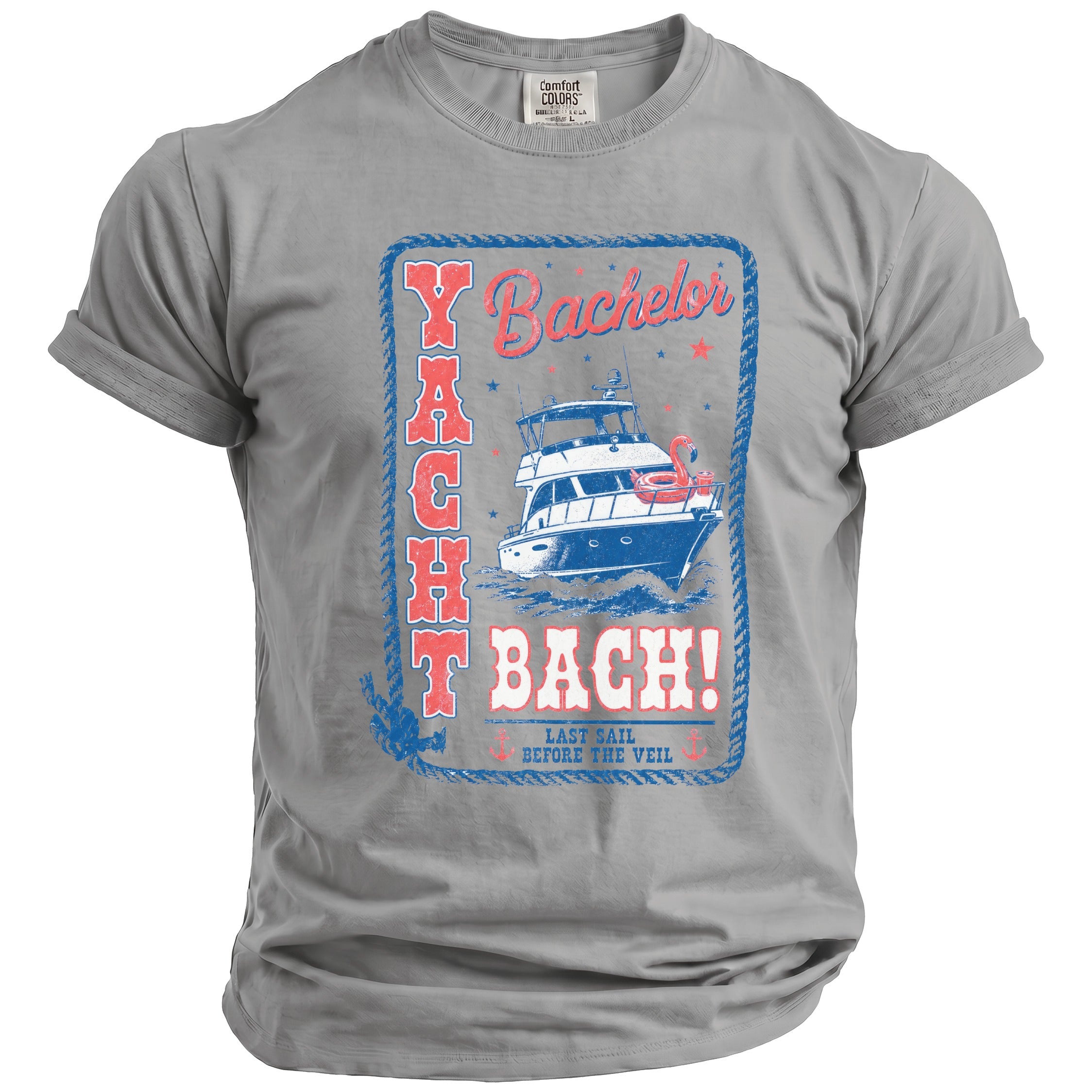 Grey crewneck t-shirt with a vintage-style nautical graphic featuring a yacht and text reading Yacht Bach.