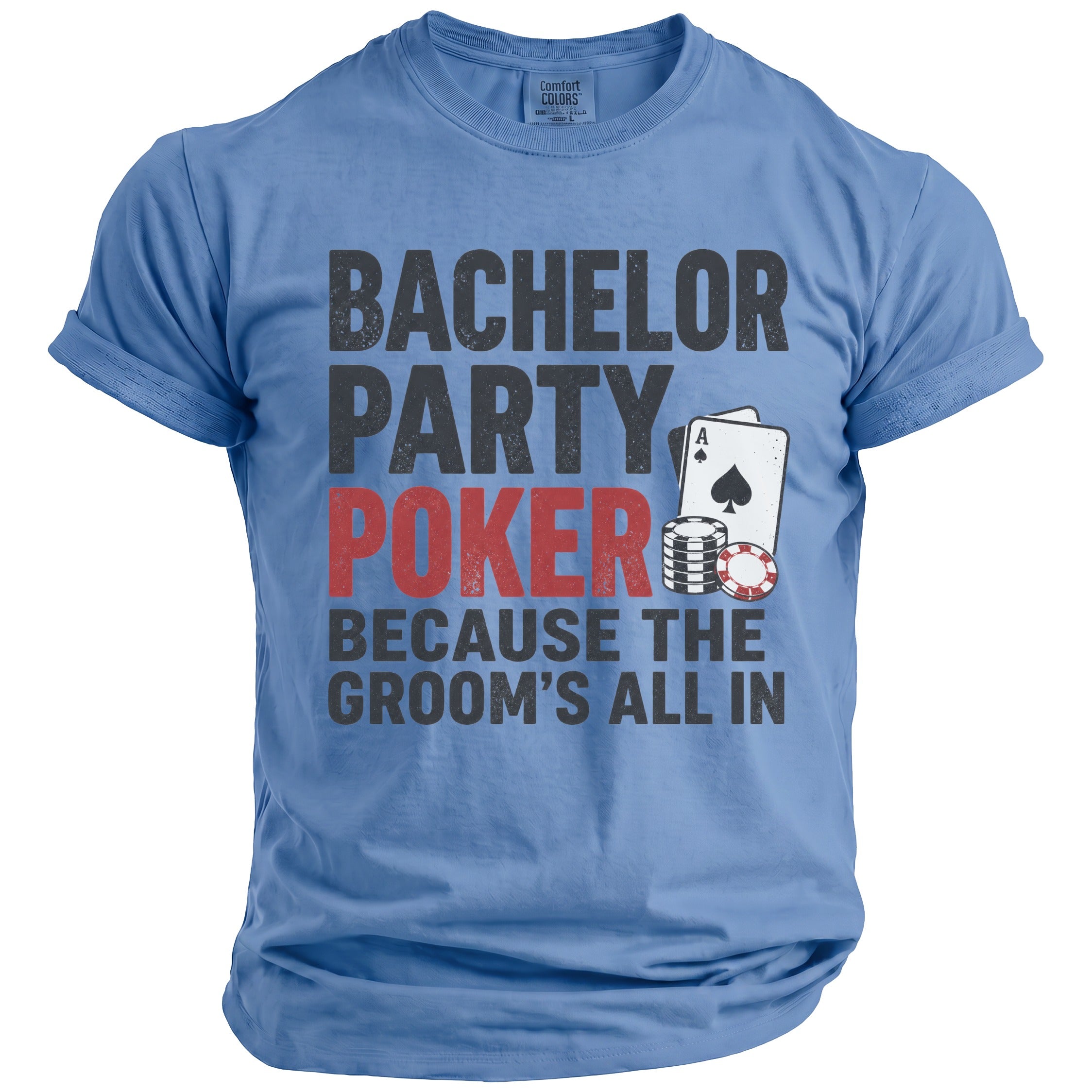 Bachelor party poker shirt with text and poker chips.