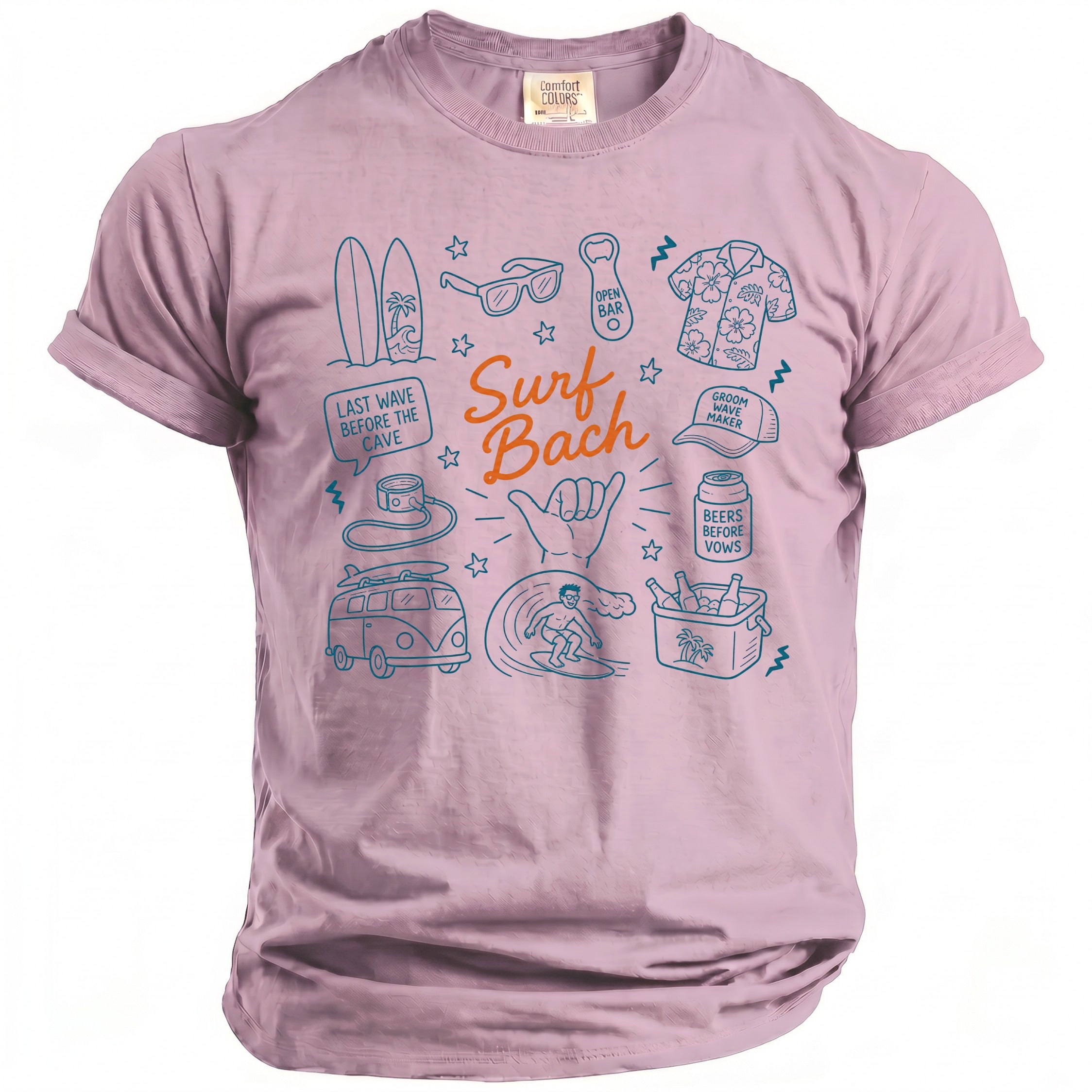 Pink Comfort Colors t-shirt with "Surf Bach" and surf-themed icons.