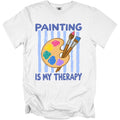 White t-shirt with "PAINTING IS MY THERAPY" and art palette graphic.