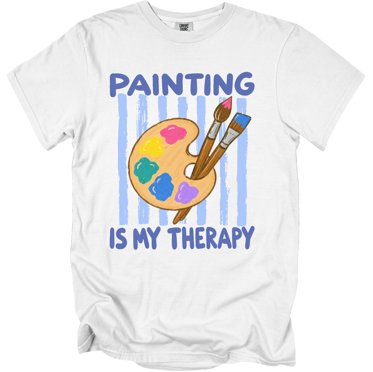 White t-shirt with "PAINTING IS MY THERAPY" and art palette graphic.
