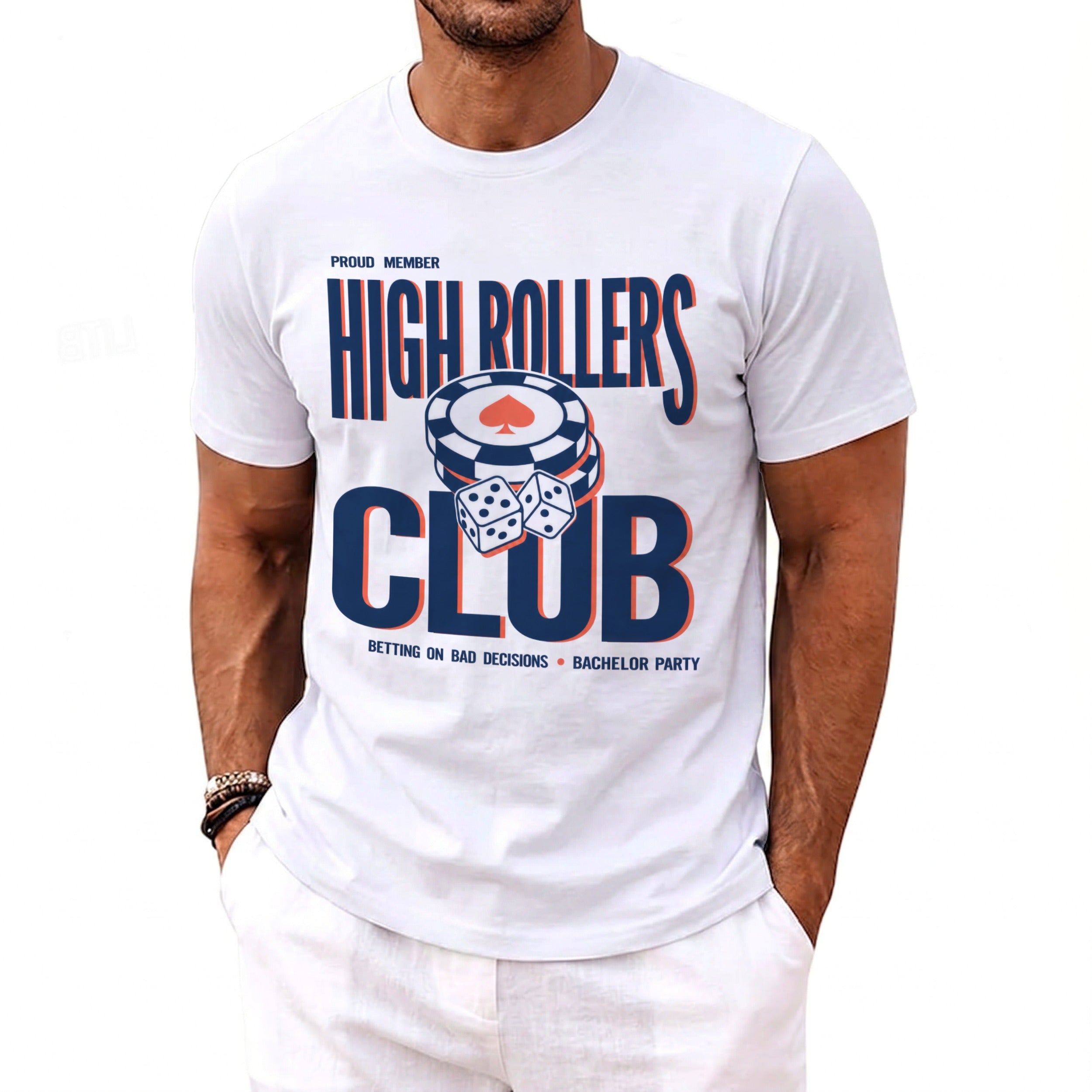 White t-shirt with "High Rollers Club" text, poker chips, and dice.