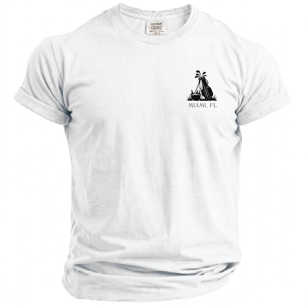 White t-shirt with black golf bag, clubs, and "Miami, FL" graphic.