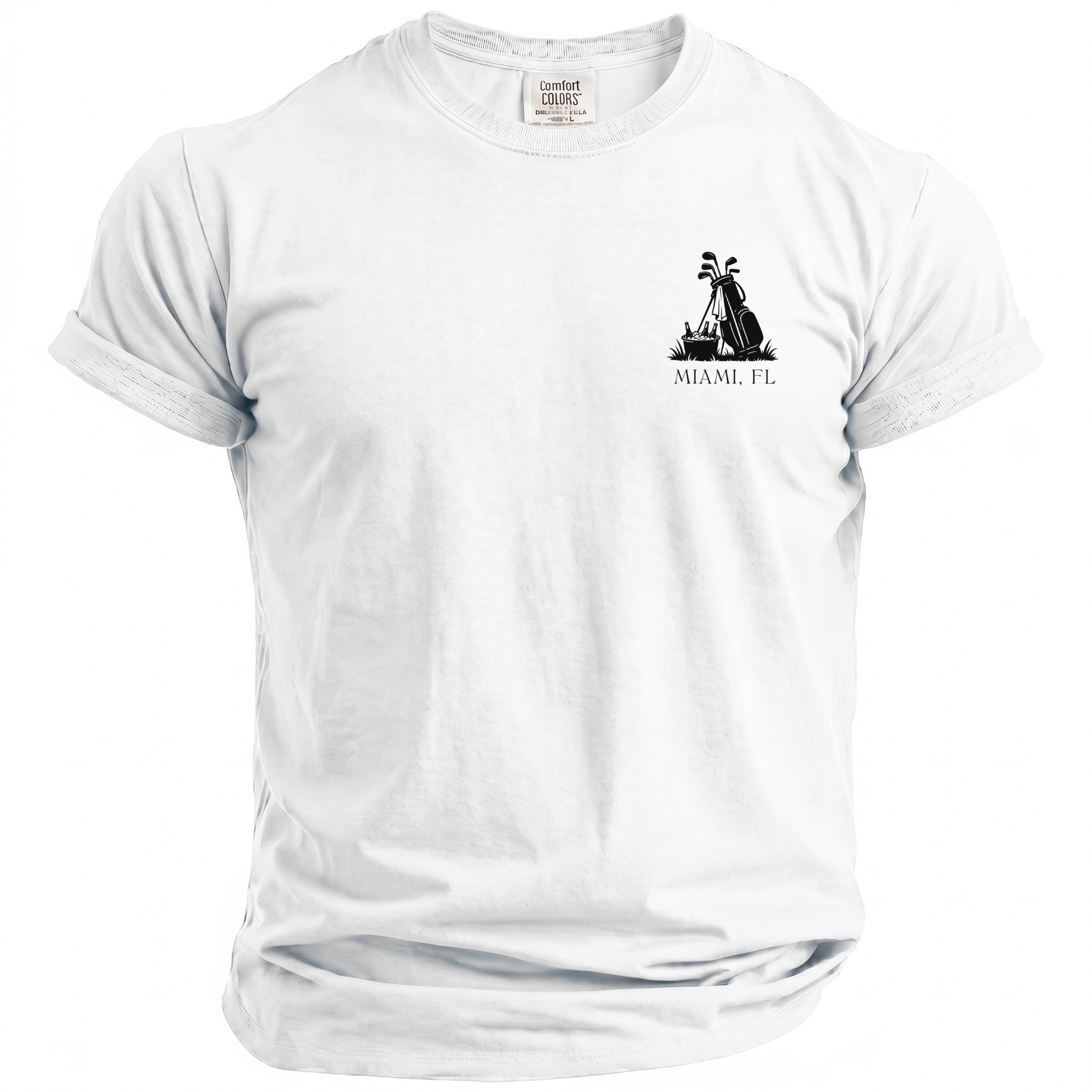White t-shirt with black golf bag, clubs, and "Miami, FL" graphic.
