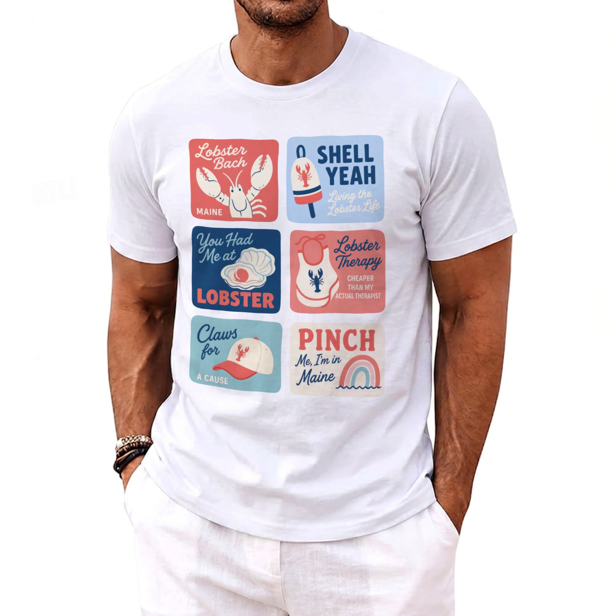 White t-shirt with six square graphics featuring lobster-themed text and illustrations.