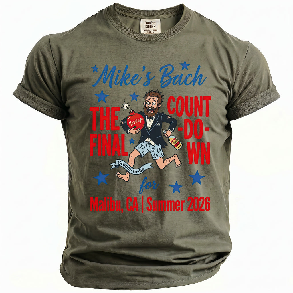 Olive green shirt with "Mike's Bach" and groom graphic for Malibu, CA Summer 2026.