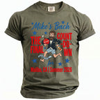 Olive green shirt with "Mike's Bach" and groom graphic for Malibu, CA Summer 2026.