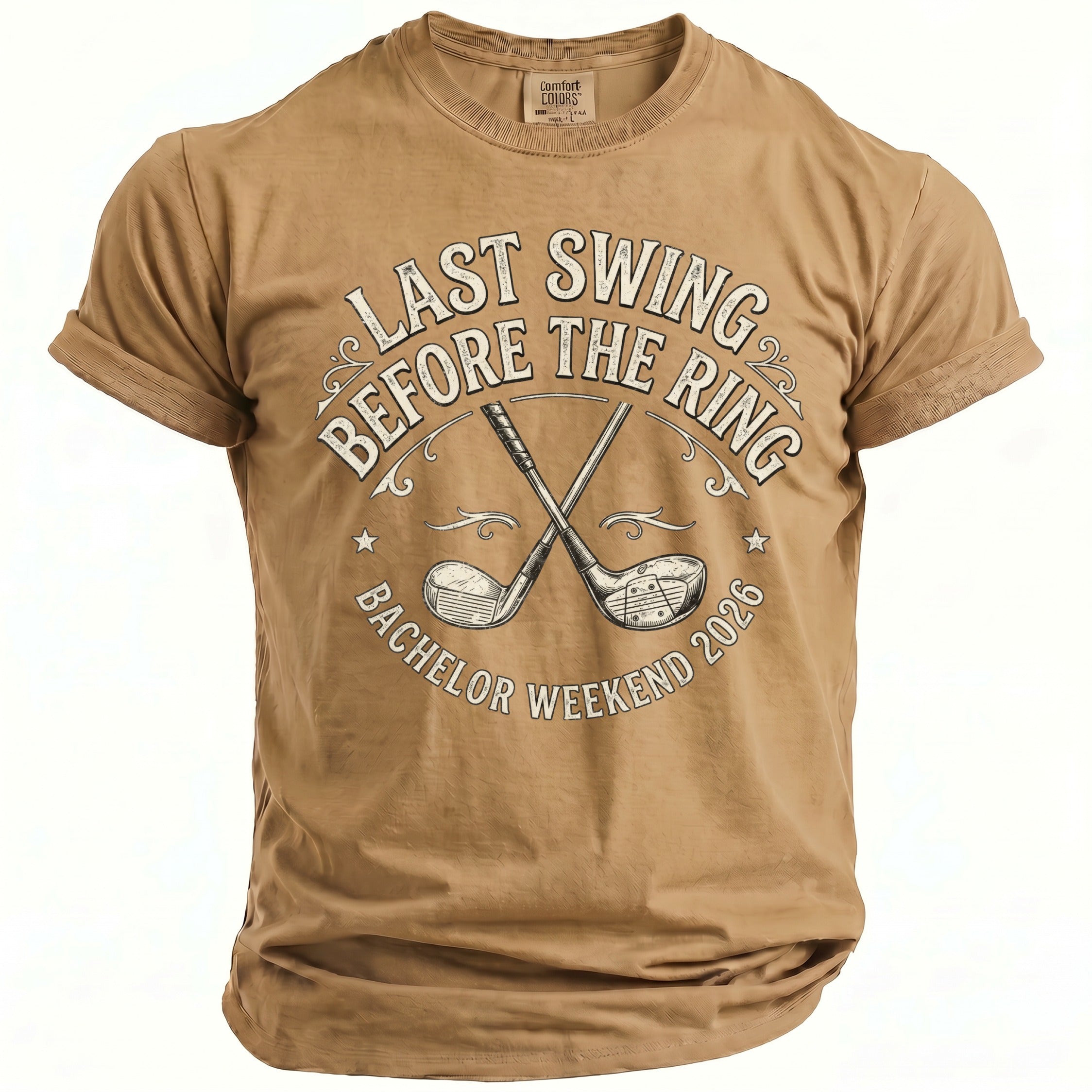 T-shirt with "Last Swing Before The Ring" and golf clubs graphic.
