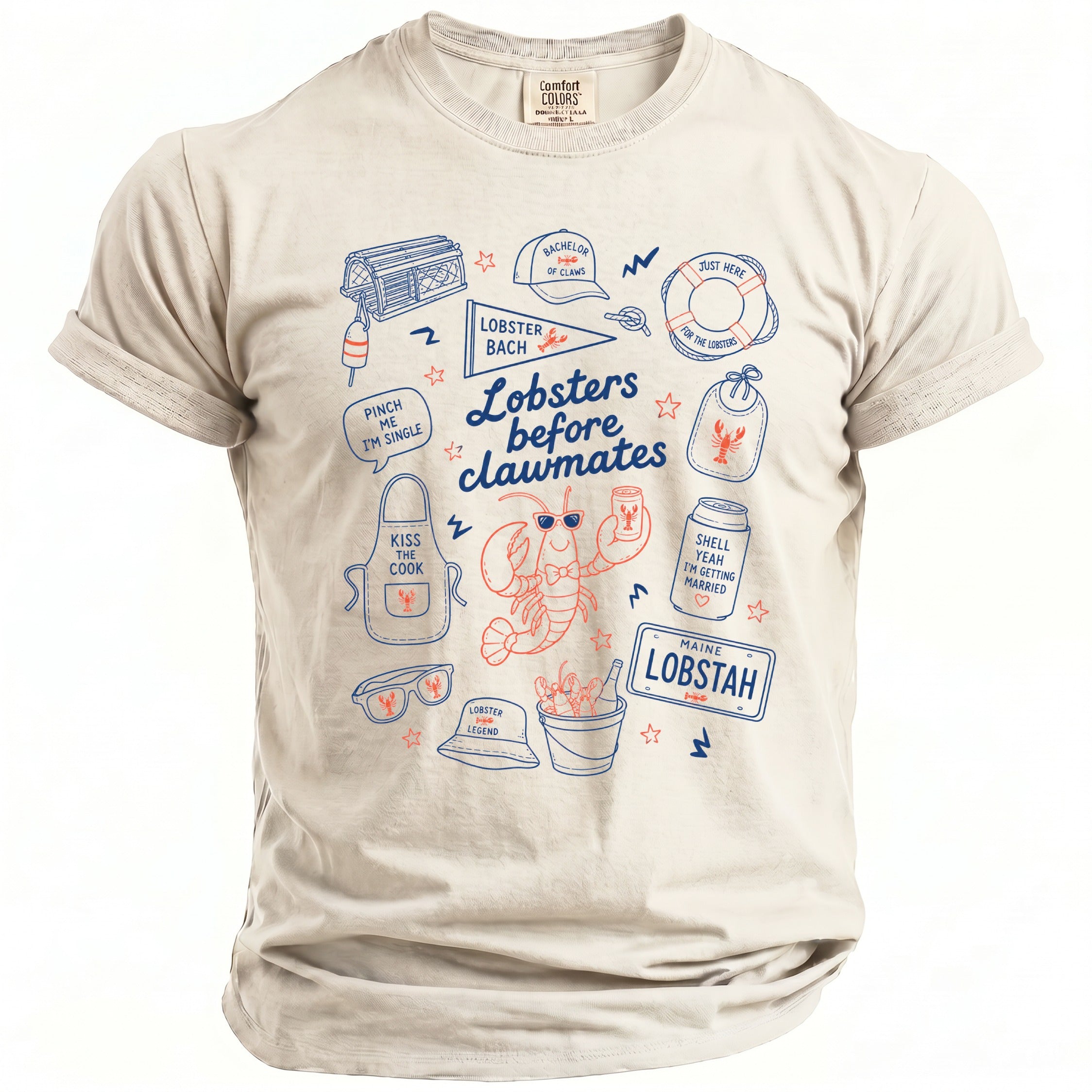 Light beige t-shirt with lobster-themed graphics including "Lobsters before clawmates" text.