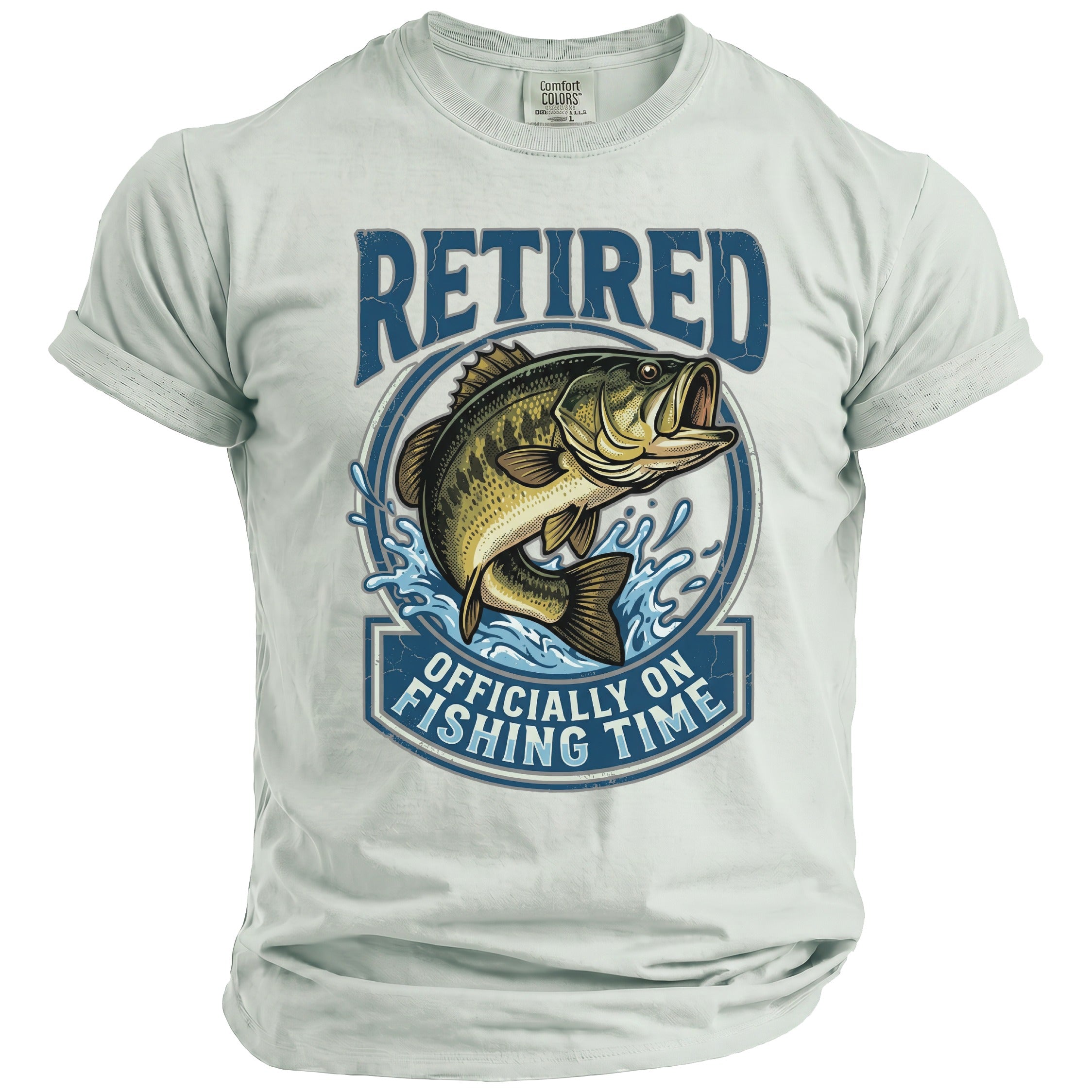 Light blue t-shirt with "Retired Officially on Fishing Time" and bass graphic.