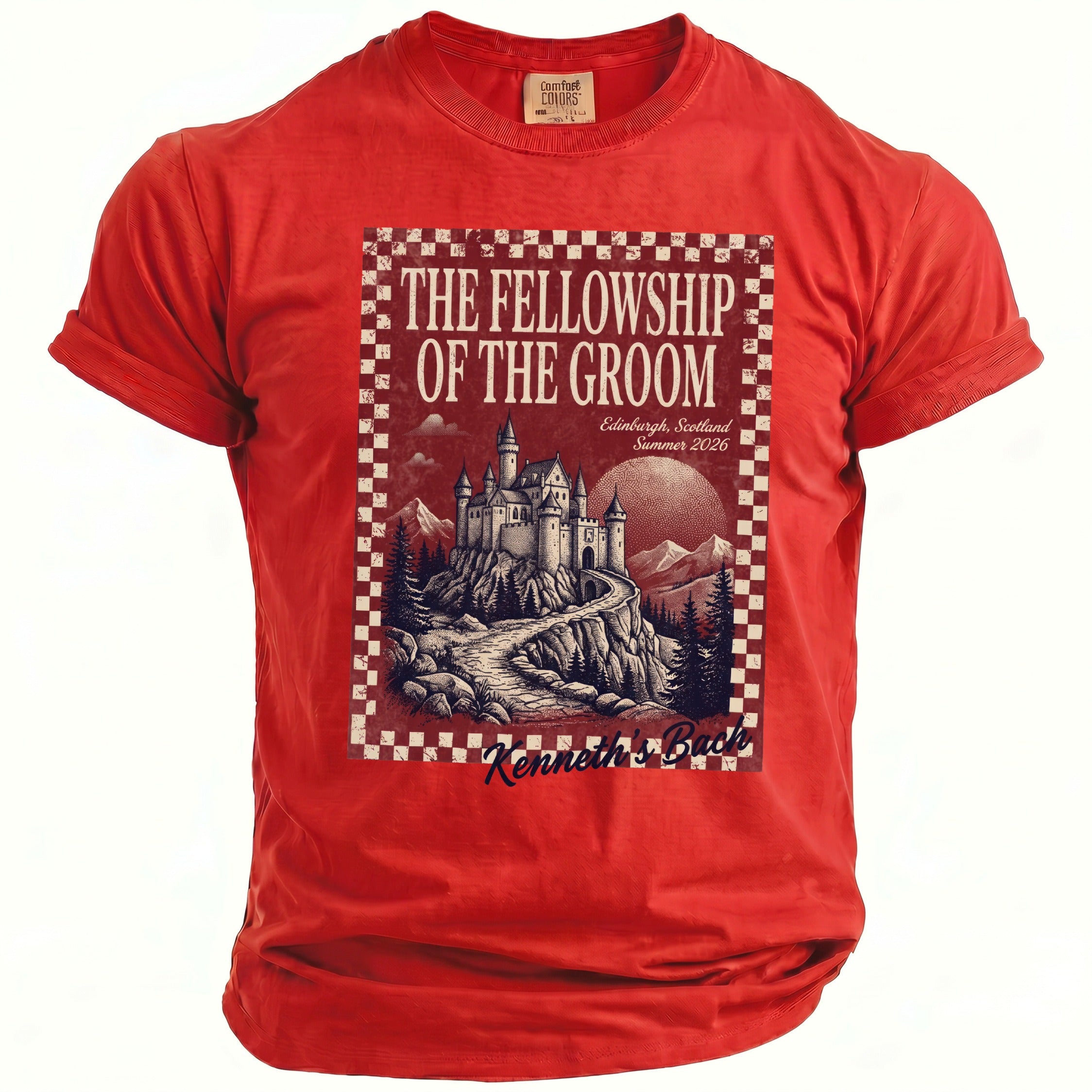 Red t-shirt with "The Fellowship of the Groom" castle graphic and "Kenneth's Bach" text.
