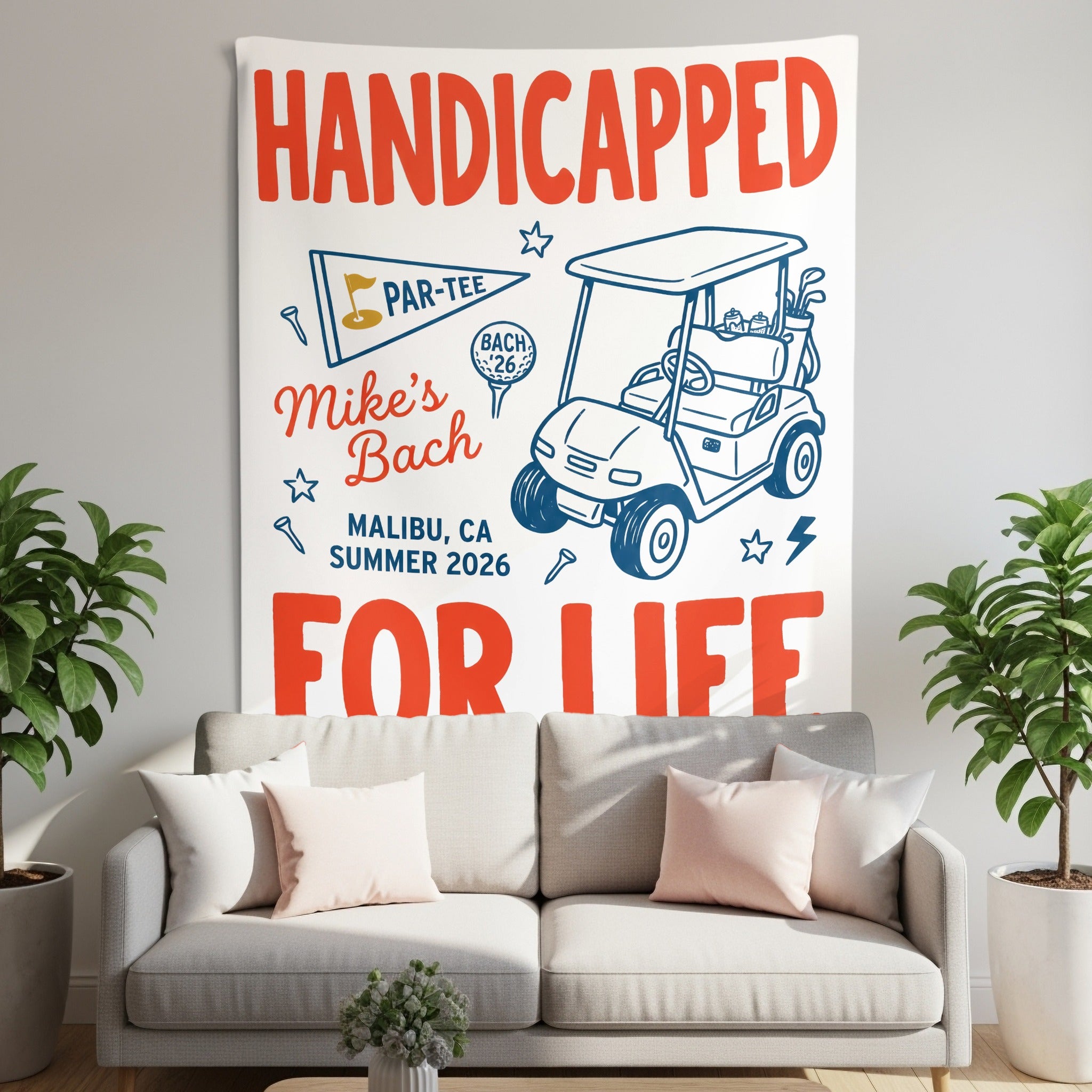 "Handicapped for Life" tapestry with golf cart illustration and text elements.