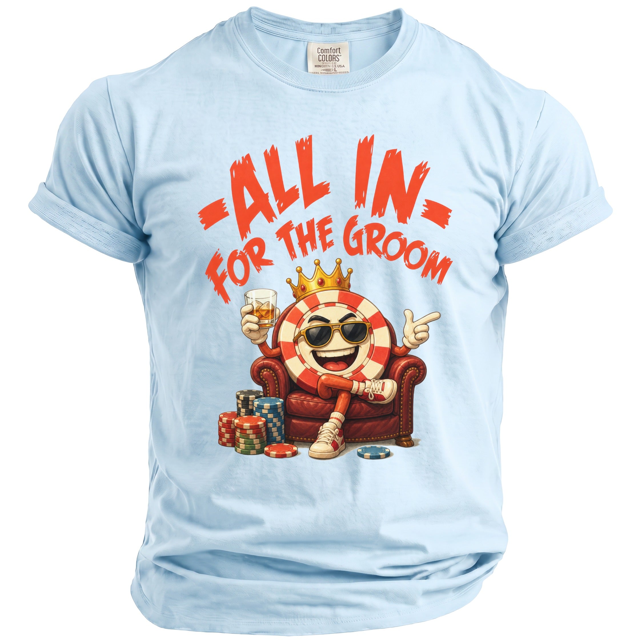Light blue shirt with "ALL IN FOR THE GROOM" and gambling cartoon.