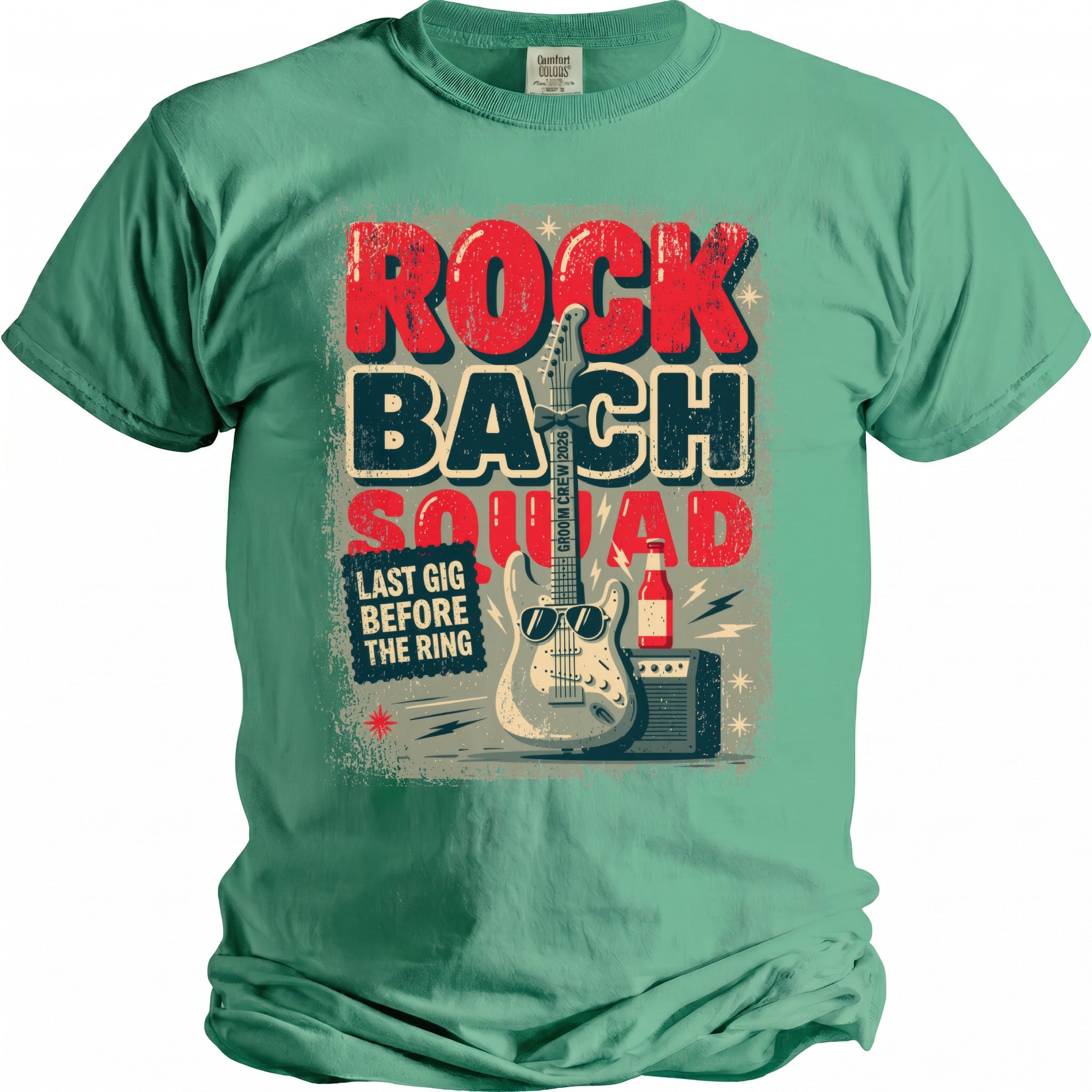 T-shirt graphic with "Rock Bach Squad" text, guitar, sunglasses, and amp.