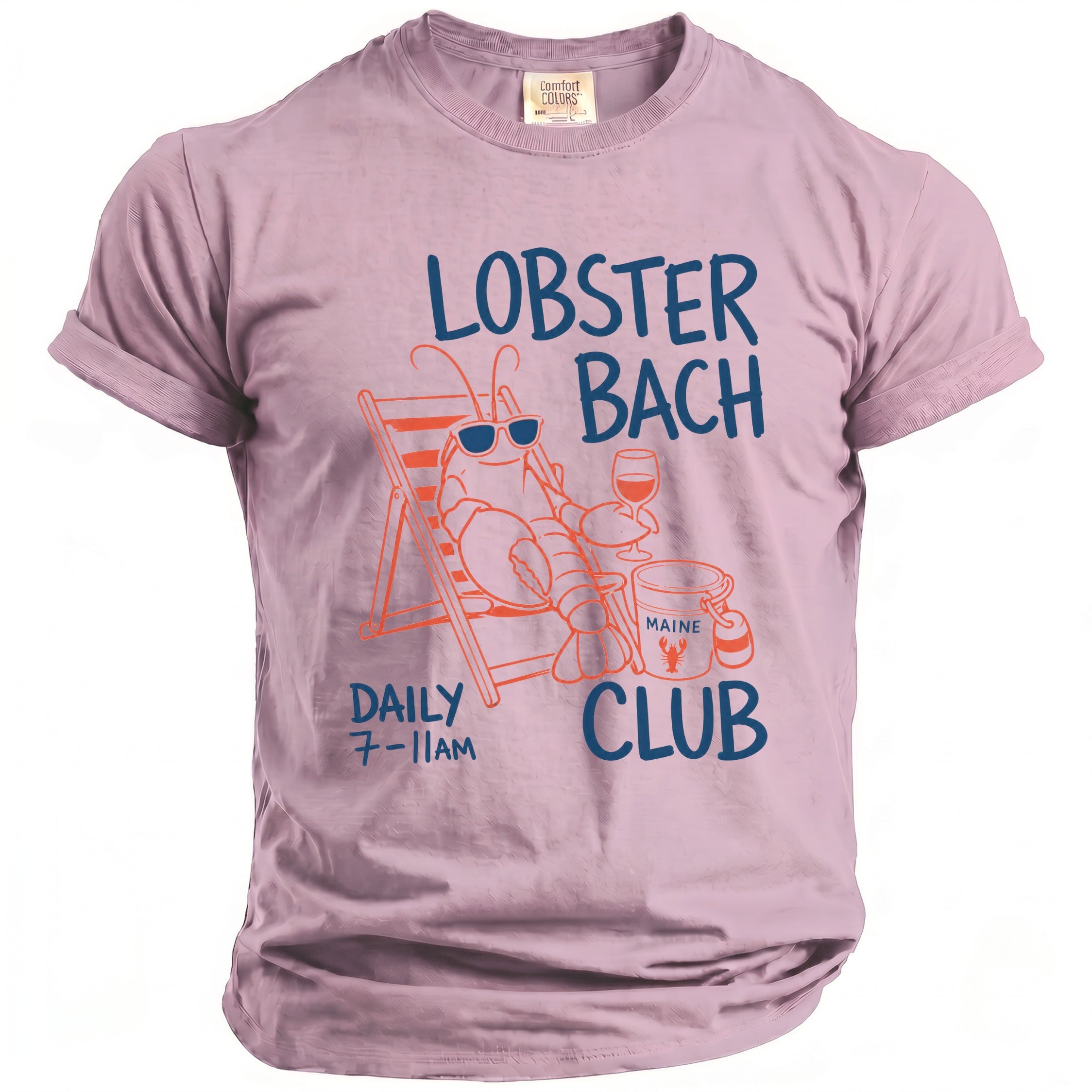 Pink t-shirt with lobster "Lobster Bach Club Daily 7-11AM" graphic.
