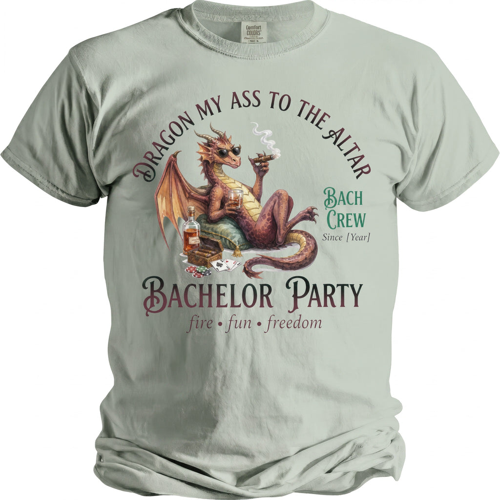 Dragon Bach Crew shirt with a dragon smoking a cigar and drinking.