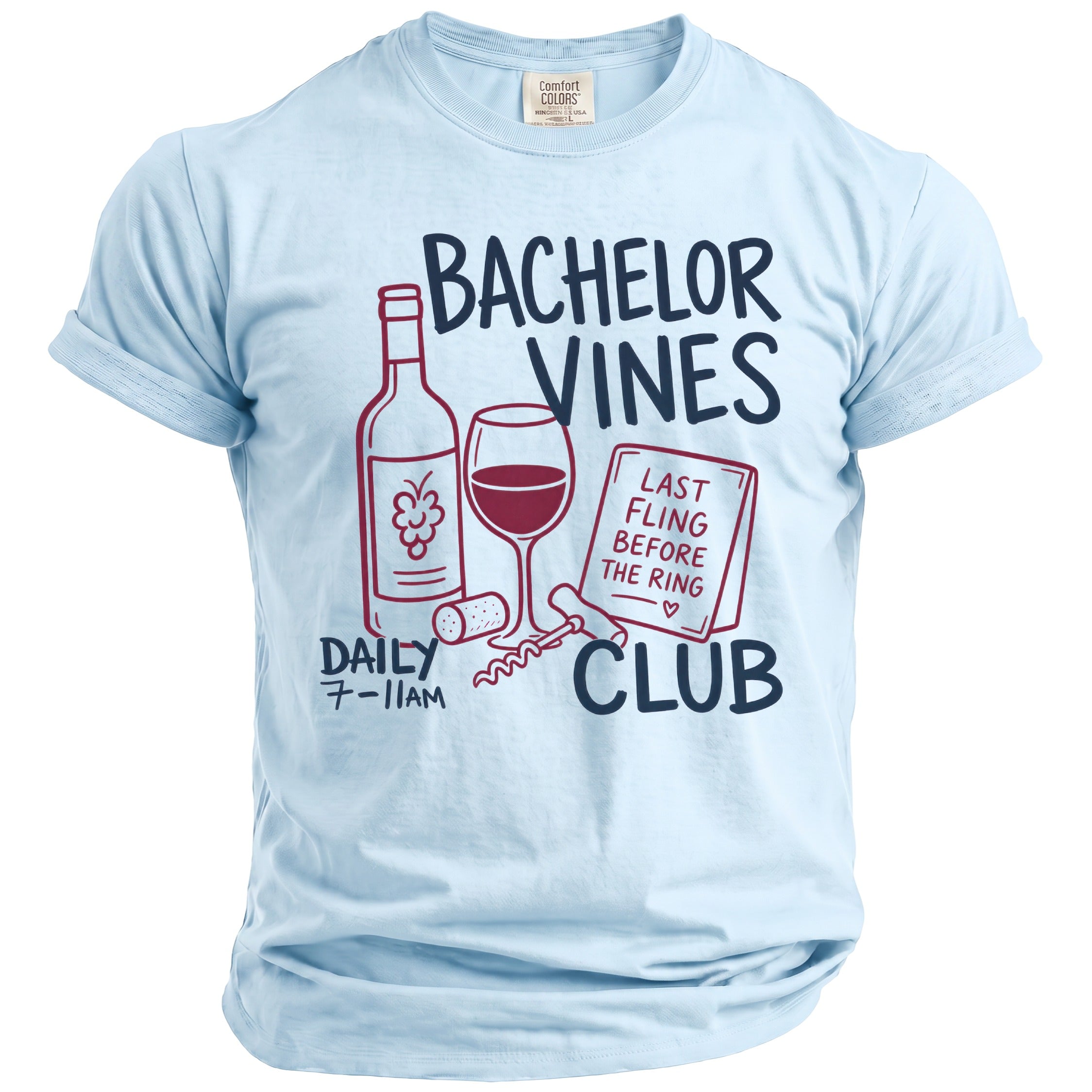 Light blue t-shirt with "BACHELOR VINES CLUB" and wine-themed graphics.
