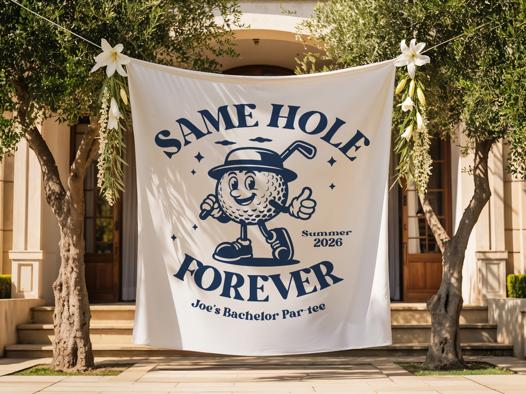 "SAME HOLE FOREVER" banner with cartoon golf ball for Joe's Bachelor Par-tee, Summer 2026.