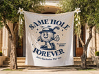 "SAME HOLE FOREVER" banner with cartoon golf ball for Joe's Bachelor Par-tee, Summer 2026.