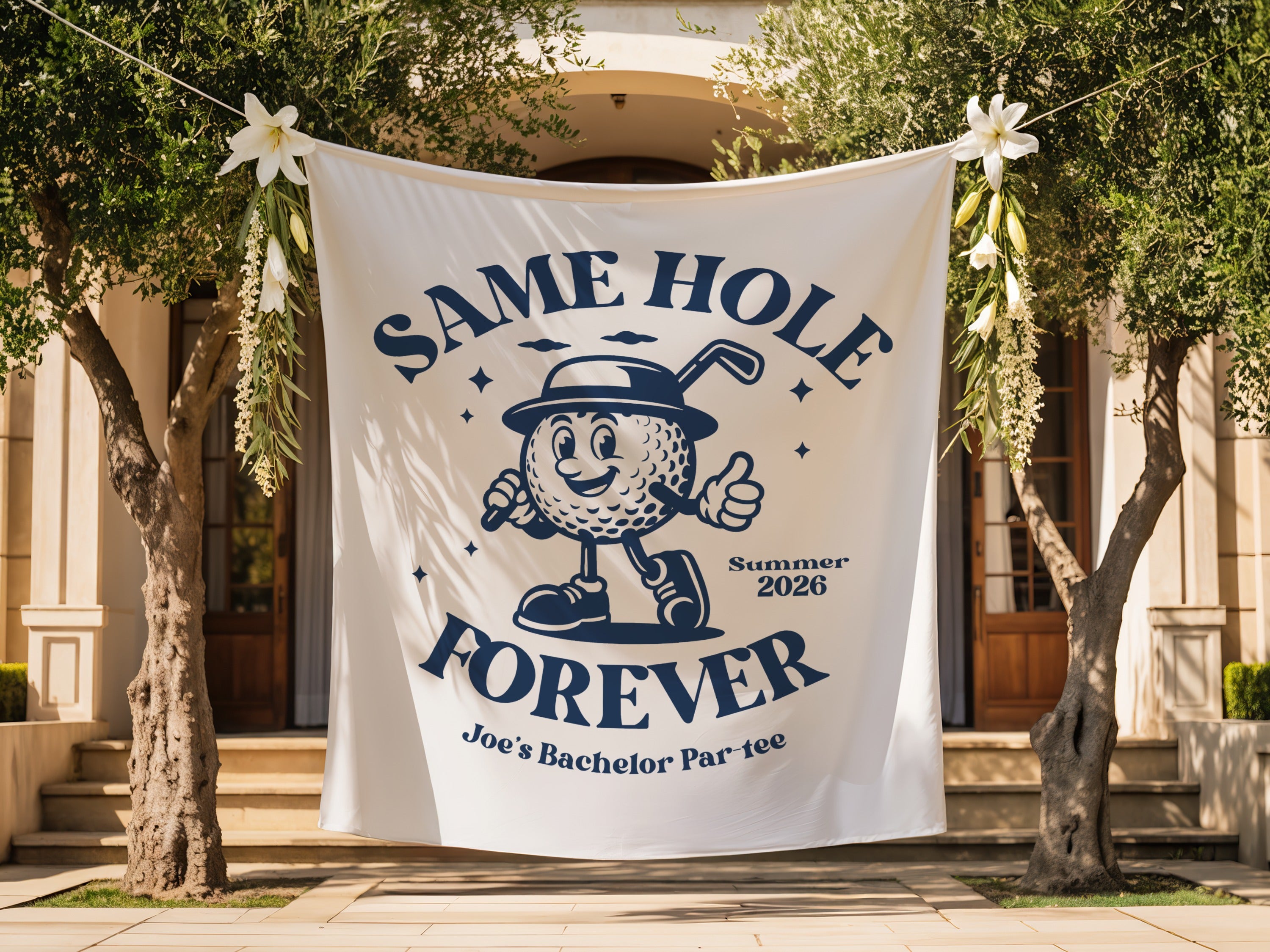 "SAME HOLE FOREVER" banner with cartoon golf ball for Joe's Bachelor Par-tee, Summer 2026.