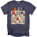 Dark blue t-shirt with "MODRIAN" text and six postage stamps featuring Piet Mondrian's abstract art.