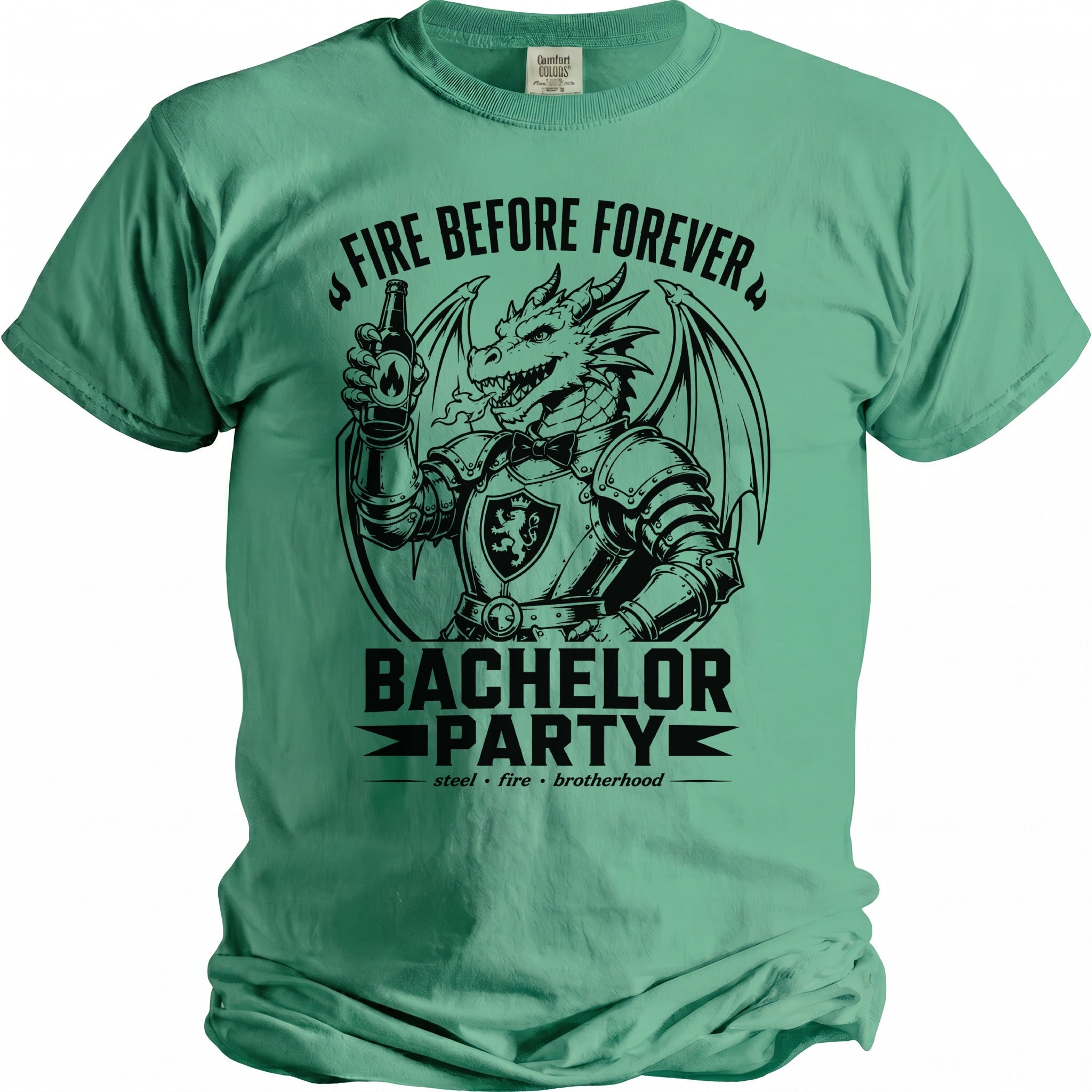 Green t-shirt with black text and a dragon holding a beer, reading "Fire Before Forever Bachelor Party."